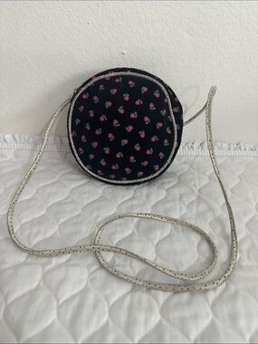 MAUD FRIZON vintage Black Round Crossbody with Pink Strawberry Print